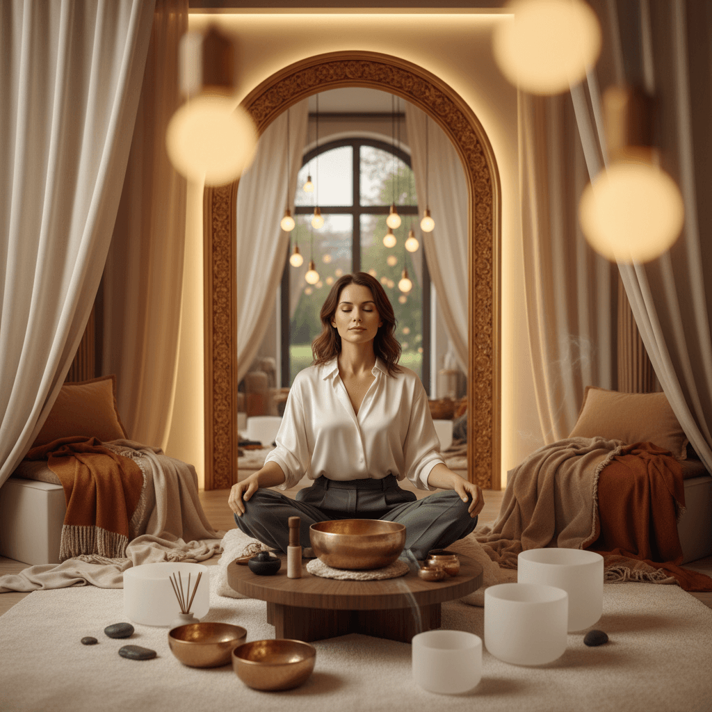 Eine ruhige Szene einer Klang-Wellness-Sitzung, die Ruhe und Entspannung vermittelt. Menschen liegen auf Matten, während Klangschalen und Gongs genutzt werden. Soul Art und Larissa Steinbach bieten hier eine beruhigende Erfahrung gegen Klimaanxiety und Öko-Trauer.
