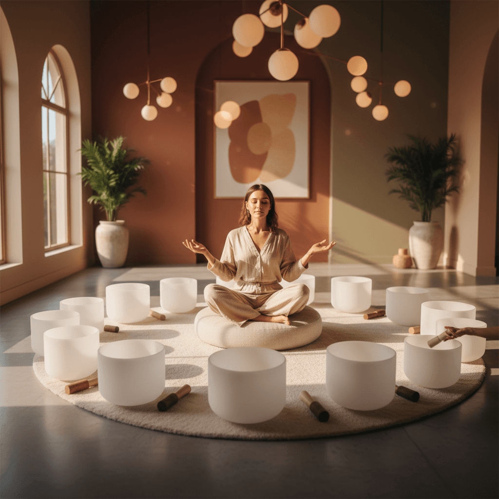 Eine Person entspannt sich auf einer modernen vibroakustischen Liege im eleganten Soul Art Studio in Dubai, um tiefe Entspannung zu erfahren. Larissa Steinbachs Expertise im Bereich Klangwellness führt zu einzigartigen Erlebnissen.