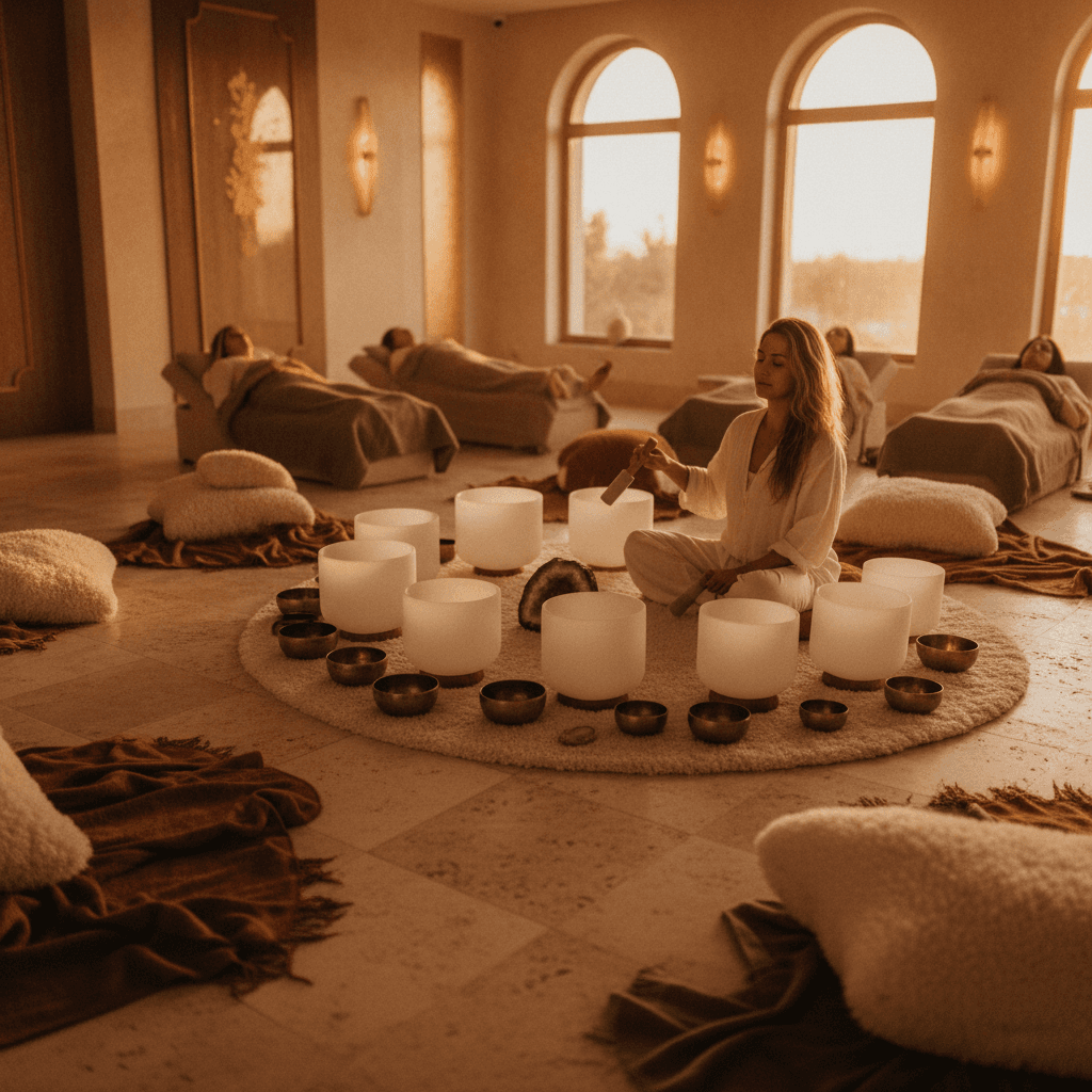 Larissa Steinbach von Soul Art in Dubai leitet eine Gruppe bei einem beruhigenden Abschlussritual nach einer tiefen Klangreise, um Wohlbefinden und Integration zu fördern. Teilnehmende ruhen auf Matten, umgeben von Klangschalen und sanftem Licht.