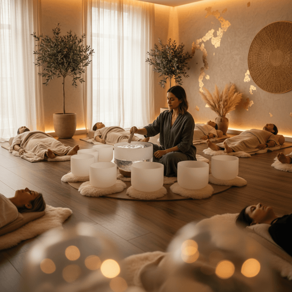 Larissa Steinbach, founder of Soul Art Dubai, facilitating a sound wellness session, offering a path to calm and resilience for ex-partners navigating co-parenting.
