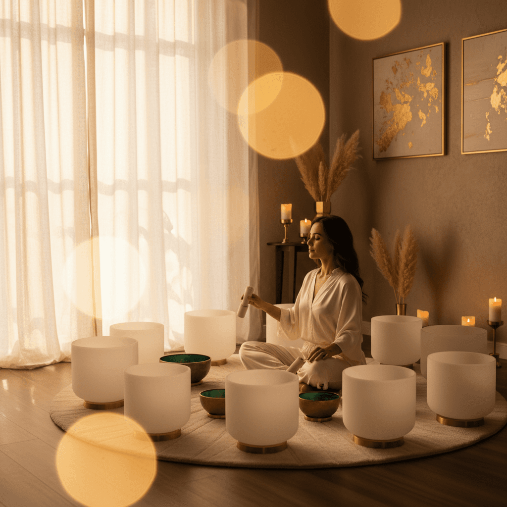 A tranquil sound bath experience at Soul Art Dubai, featuring crystal bowls and gongs, promoting healthy boundaries and emotional well-being with Larissa Steinbach.