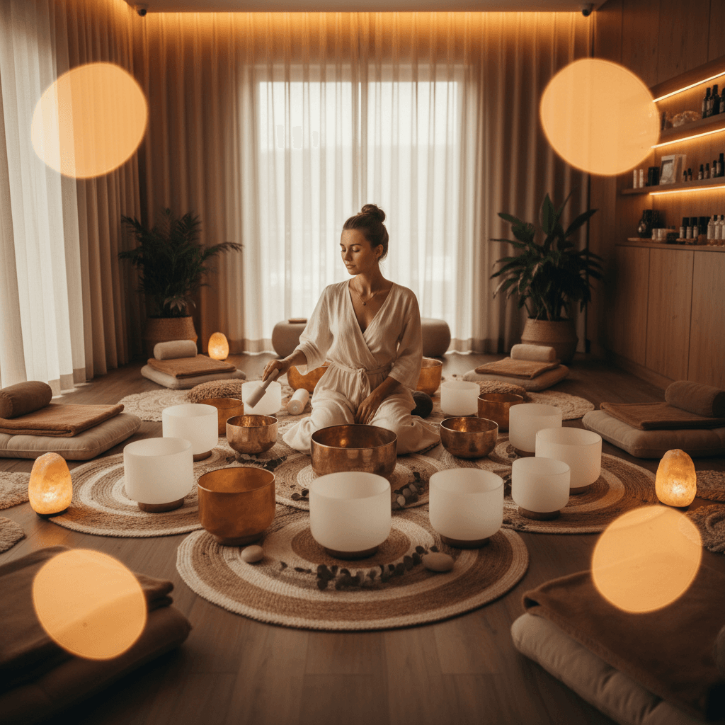 Eine beruhigende Klangschale in sanftem Licht, symbolisiert die innovative Klangtherapie von Soul Art Dubai und Larissa Steinbach zur kognitiven Unterstützung nach Verletzungen.