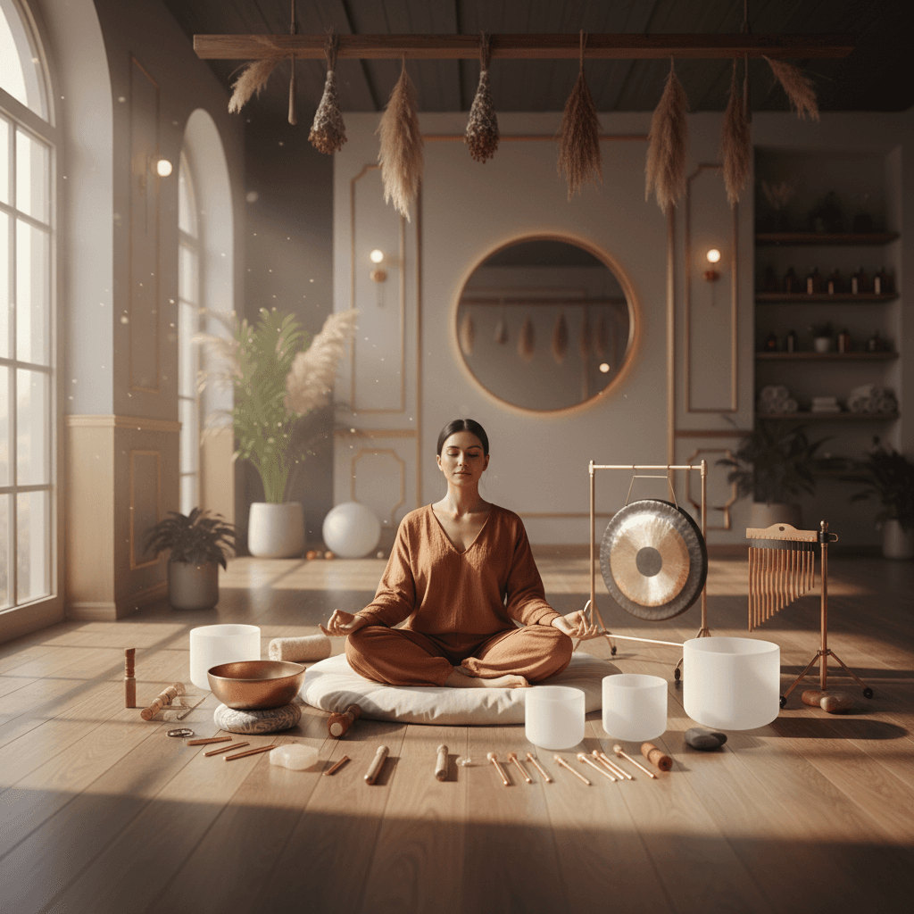 Eine Person meditiert ruhig inmitten sanfter Klangschalen und Licht, umgeben von einer Aura der Ruhe, die die Essenz von Soul Art und Larissa Steinbachs Klang-Wellness-Reisen einfängt.