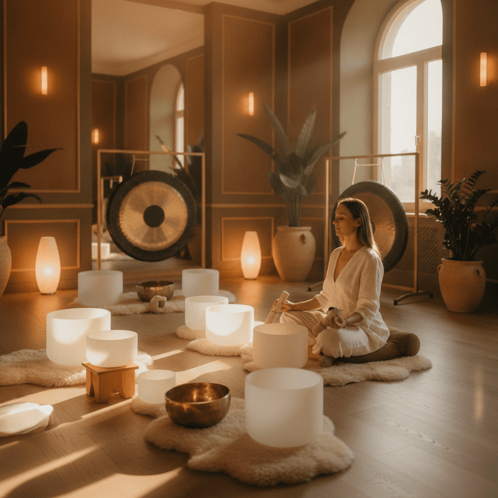 Eine Person liegt entspannt auf einem vibroakustischen Bett, umgeben von schimmernden Klangschalen, im stilvollen Ambiente von Soul Art Dubai. Larissa Steinbachs Expertise schafft eine harmonische Klanglandschaft für tiefes Wohlbefinden.