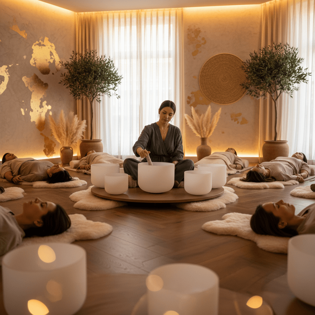 Larissa Steinbach von Soul Art Dubai demonstriert eine tibetische Klangschale, die von einer sanften Hand gehalten wird, auf einem Kissen, um häufige Anfängerfehler zu vermeiden und das Wohlbefinden zu fördern.