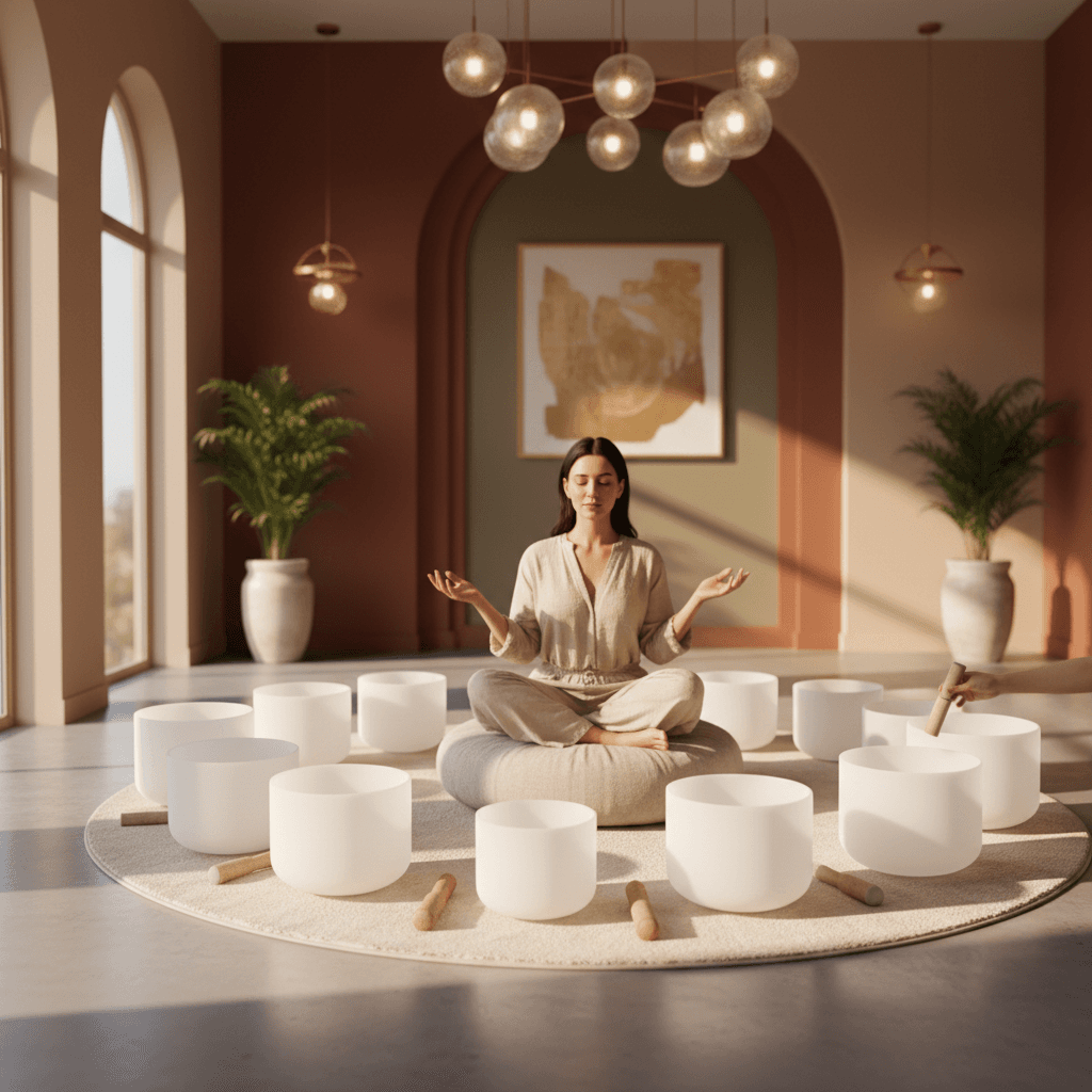 Larissa Steinbach von Soul Art Dubai in einem Klang-Wellness-Studio, umgeben von Klangschalen, die die Kommunikation durch Klang verbessern.