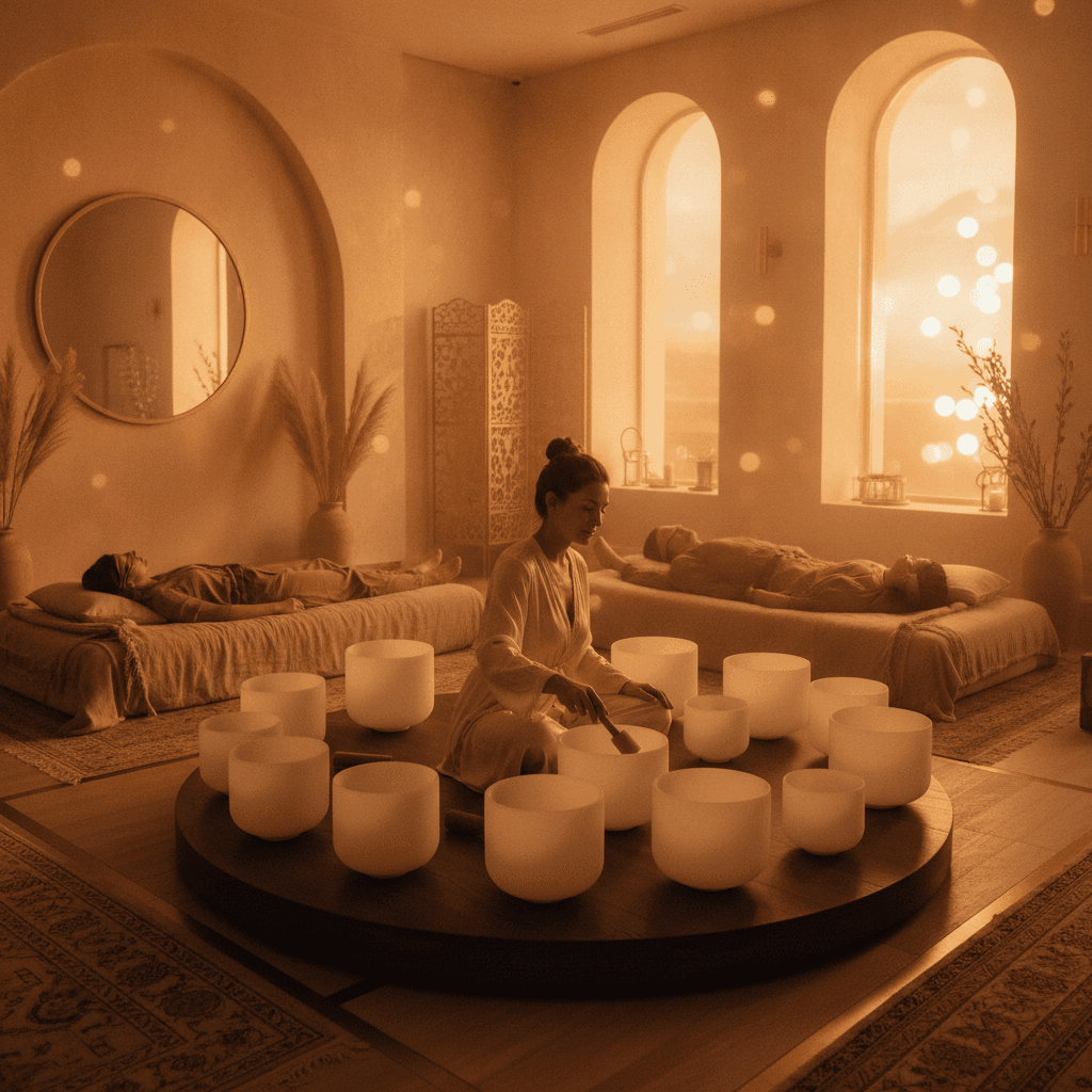A serene sound bath session at Soul Art Dubai, where founder Larissa Steinbach arranges crystal singing bowls for an integrative wellness experience.