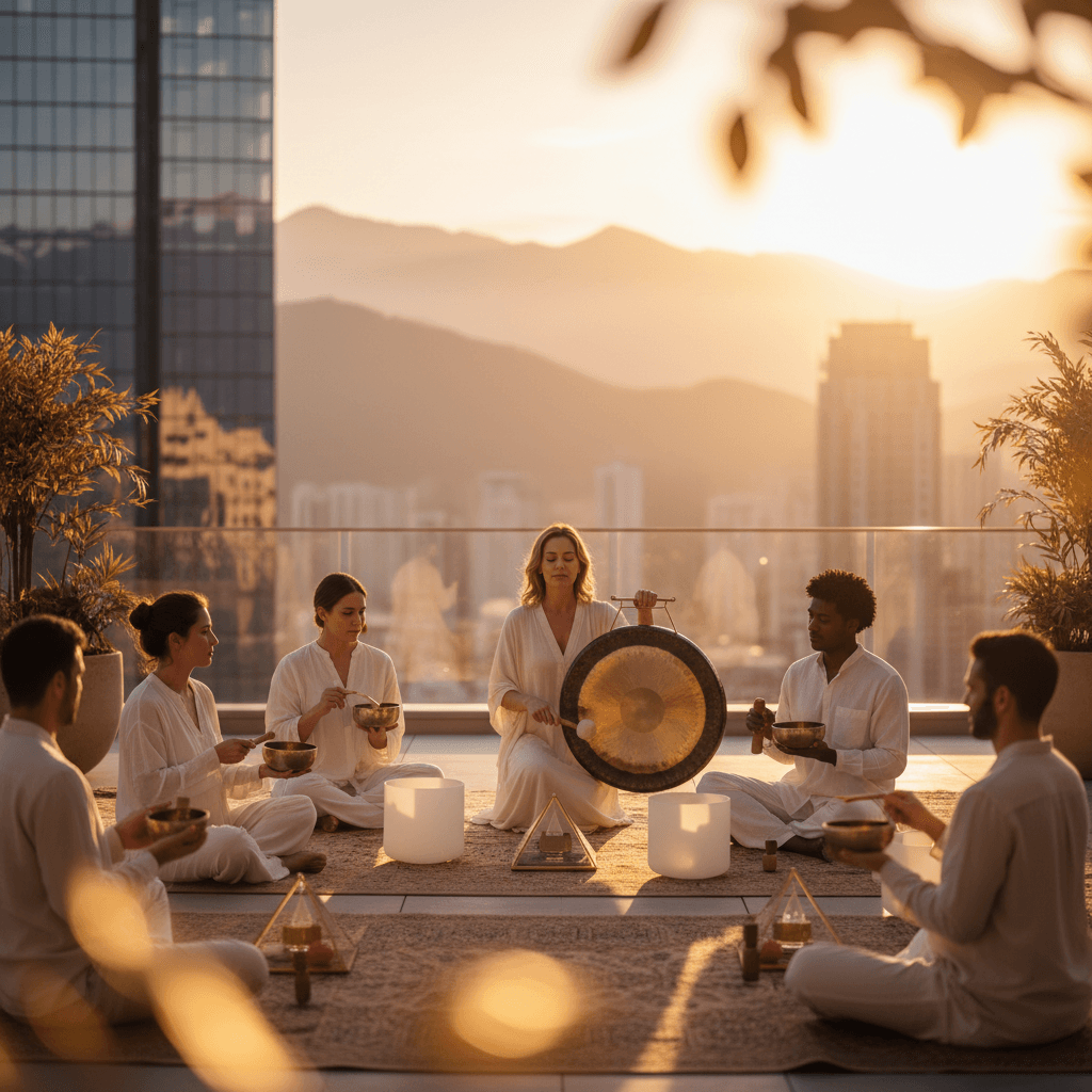 Eine Gruppe von Menschen, die Yoga in einem ruhigen Raum praktiziert. Die Szene symbolisiert die transformative Kraft von Klang-Wellness und achtsamer Entspannung in der Unternehmenskultur, wie sie von Larissa Steinbach bei Soul Art Dubai gefördert wird.
