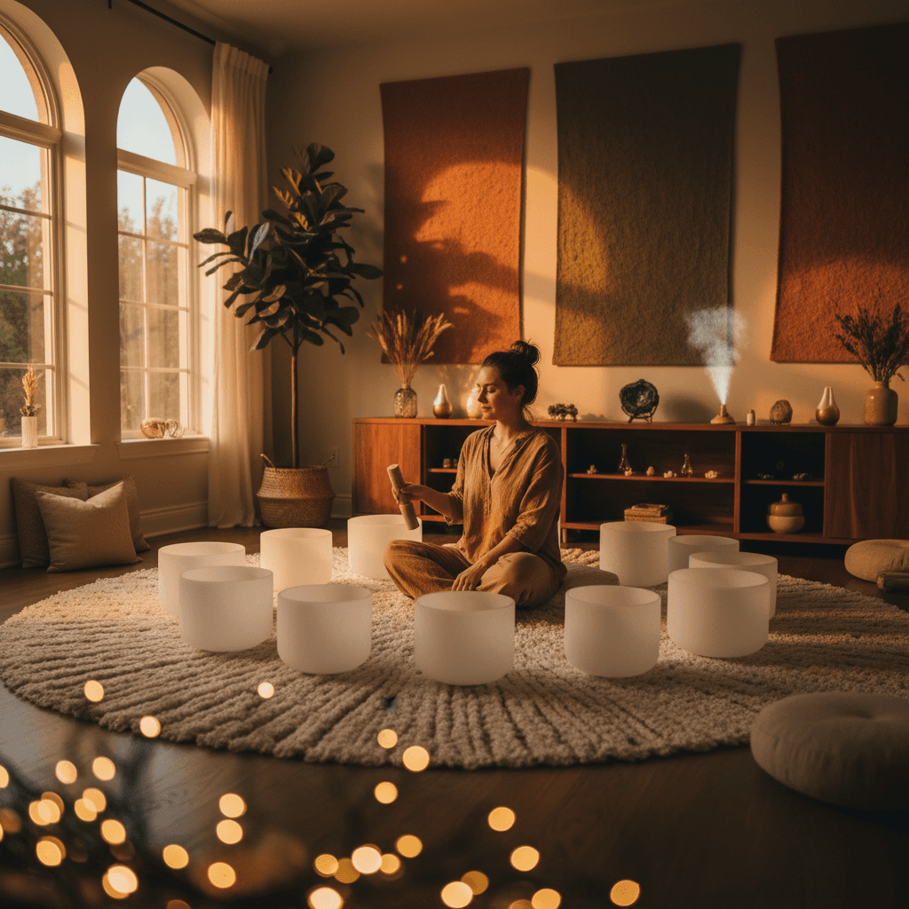 صورة فنية مركزة توضح أجواء الهدوء في سول آرت دبي، مع عناصر صوتية متناغمة ترمز للروابط المستمرة. تعكس الصورة رؤية لاريسا شتاينباخ في الشفاء بالصوت.