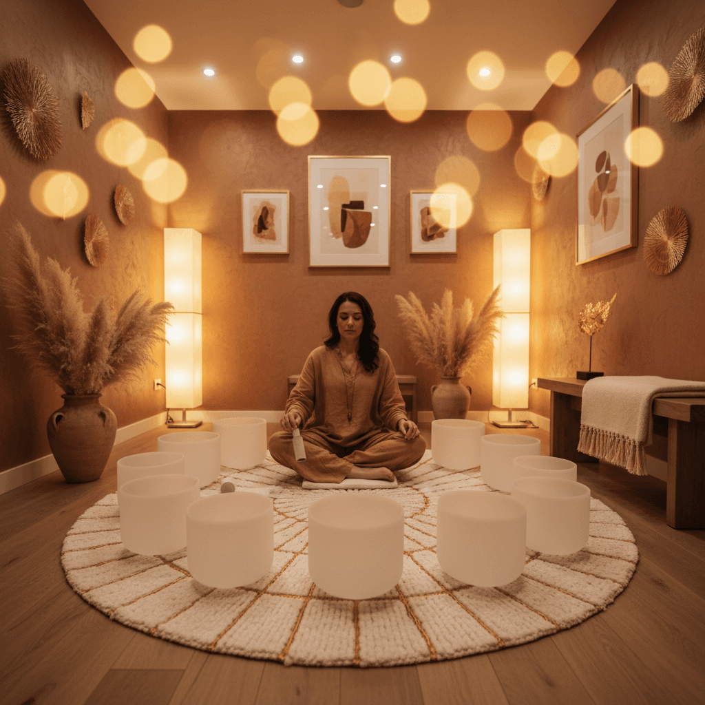 Eine Klangschale und ein Gong in einem ruhigen Wellness-Studio, symbolisierend die Expertise von Larissa Steinbach und Soul Art im Bereich Klang-Wellness.