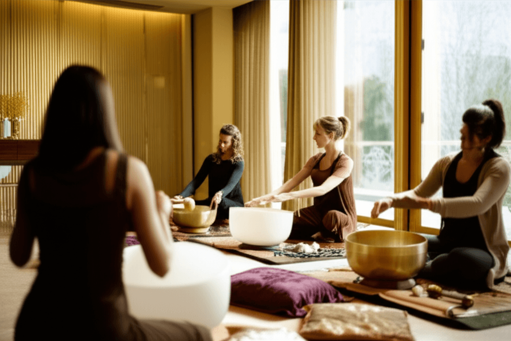 Eine meditative Klangschalen-Session in einem modernen Büroumfeld in Dubai, die die entspannende und konzentrationsfördernde Wirkung von Klang-Wellness demonstriert, angeboten von Soul Art und Larissa Steinbach.