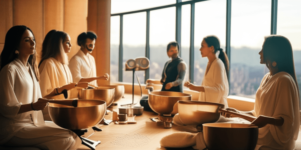 A serene corporate sound wellness session with participants relaxing on mats, surrounded by crystal singing bowls, gongs, and other sound healing instruments, emphasizing Soul Art's commitment to profound relaxation and well-being curated by Larissa Steinbach in Dubai.