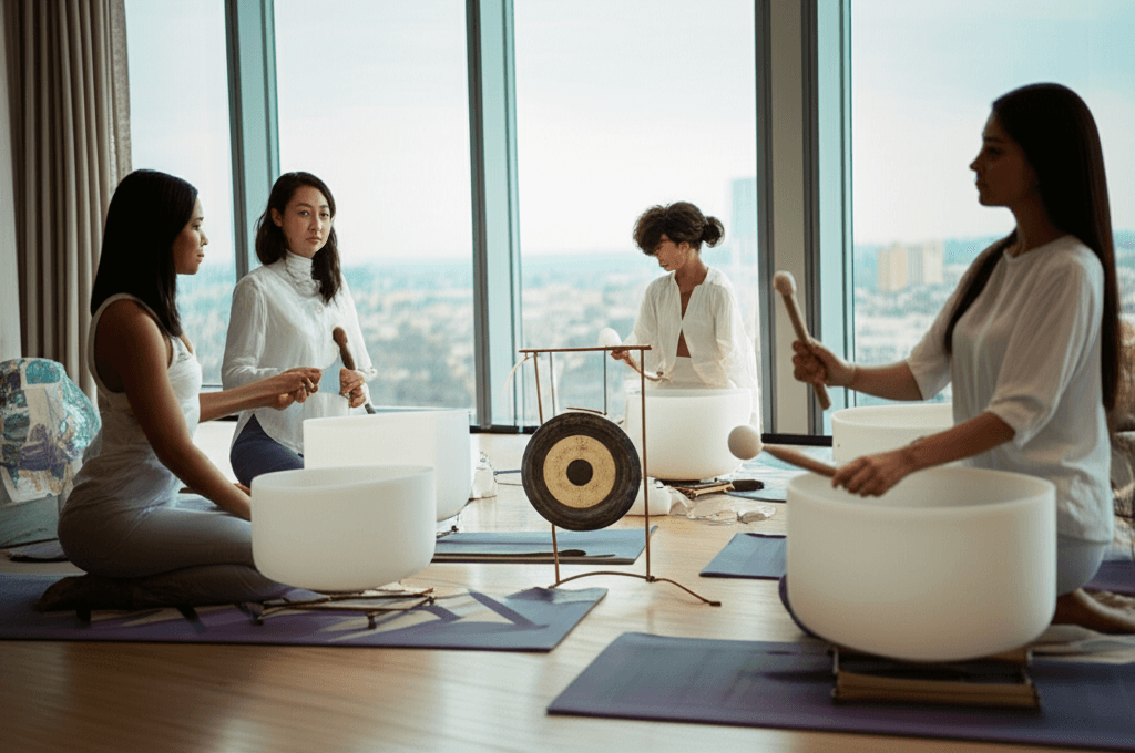 Larissa Steinbach of Soul Art guiding a serene corporate sound healing session with Tibetan singing bowls and gongs, promoting team wellness and focus for professionals.