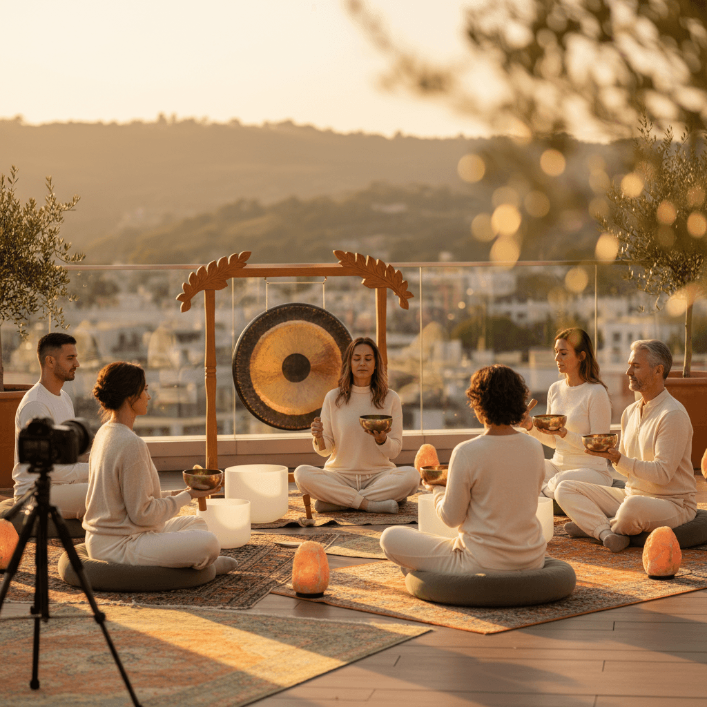 Employees experiencing a tranquil sound bath session at their workplace, demonstrating corporate wellness through Soul Art led by Larissa Steinbach, surrounded by singing bowls and gongs.