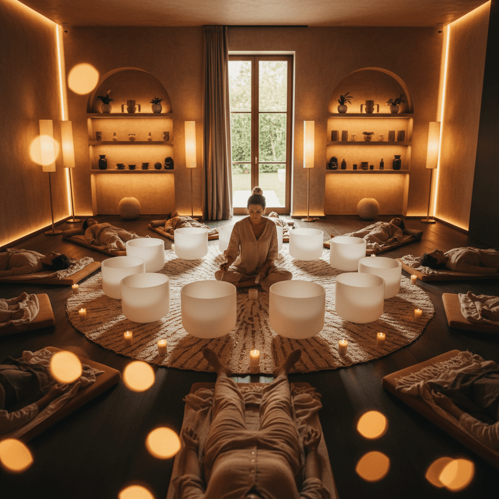 Eine ruhige Frau meditiert in einem luxuriösen Raum, um Stress und Cortisol zu managen. Ein Symbol für Soul Art Dubai und Larissa Steinbachs Fokus auf Entspannung und Klang-Wellness.