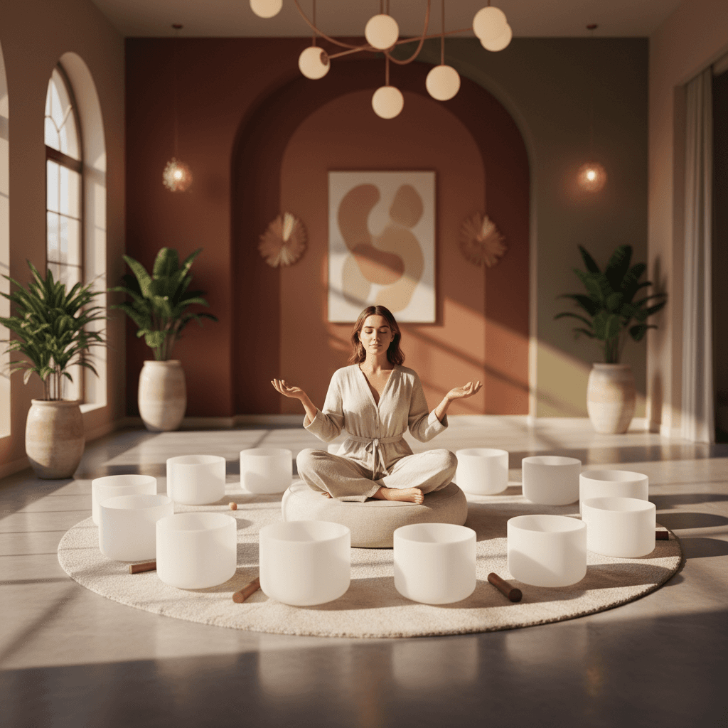 Couple experiencing a sound immersion session together at Soul Art Dubai, enhancing connection and relaxation through the expertise of Larissa Steinbach.