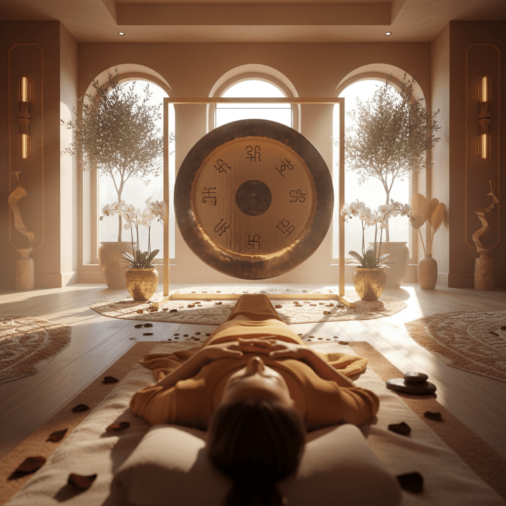 Larissa Steinbach of Soul Art guides a couple through a deeply relaxing sound bath session, featuring crystal singing bowls and gongs, enhancing connection for their anniversary in Dubai.