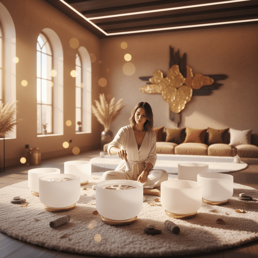 Larissa Steinbach of Soul Art Dubai demonstrating Craniosacral Therapy with Sound, a holistic wellness practice for deep relaxation and stress management.