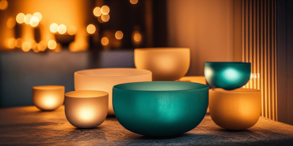 Eine Person entspannt auf einer Yogamatte, umgeben von Klangschalen und sanftem Licht, was die beruhigende Wirkung der Frequenztherapie bei Soul Art von Larissa Steinbach in Dubai symbolisiert.