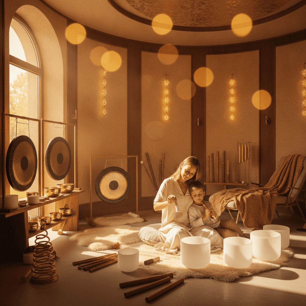 Eine Familie praktiziert Klang-Wellness in einem ruhigen Raum mit natürlichen Lichtern und Klangschalen, symbolisierend Soul Art und Larissa Steinbachs Engagement für Wohlbefinden.
