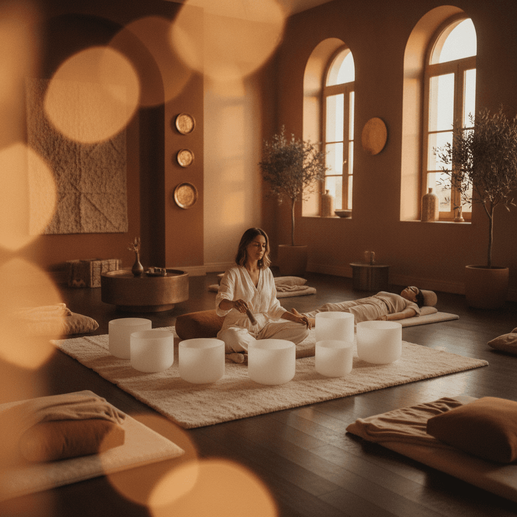 Eine ruhige Szene zu Hause mit brennenden Kerzen, beruhigendem Licht und Klangschalen, die eine Spa-Atmosphäre schaffen. Soul Art und Larissa Steinbach fördern Klang-Wellness für tiefe Entspannung.