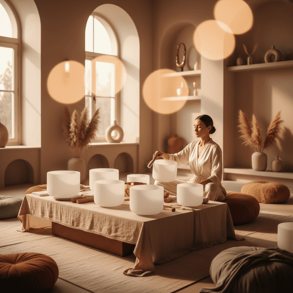 Larissa Steinbach leads a sound wellness session at Soul Art Dubai, with clients experiencing deep relaxation amidst ambient lighting and sound instruments, symbolizing the creation of sacred space through harmonic resonance.