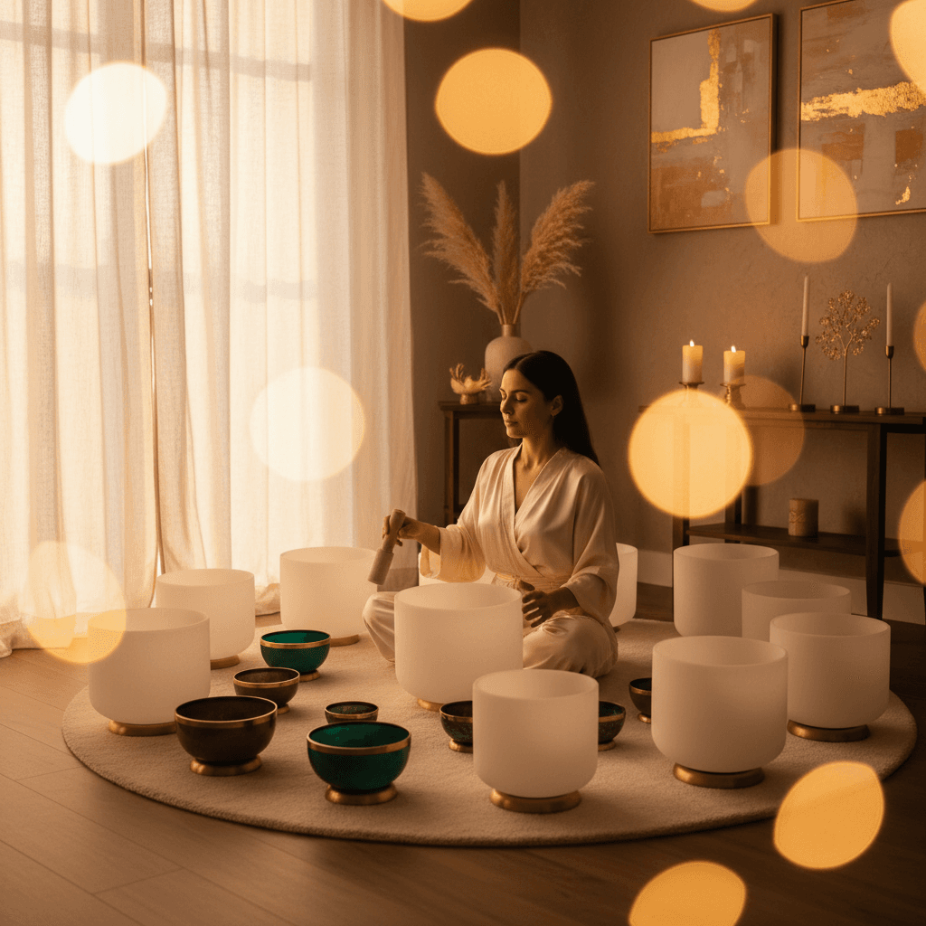 Larissa Steinbach von Soul Art Dubai leitet eine Klangreise in einem beruhigenden Studio, um kreative Blockaden zu lösen und den kreativen Fluss zu fördern.