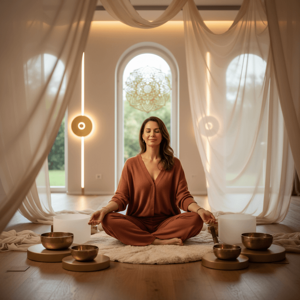 Eine Künstlerin mit Kopfhörern, die entspannt auf einem Kissen sitzt, umgeben von sanften Farben, symbolisiert die künstlerische Erholung durch Klang-Wellness bei Soul Art mit Larissa Steinbach.