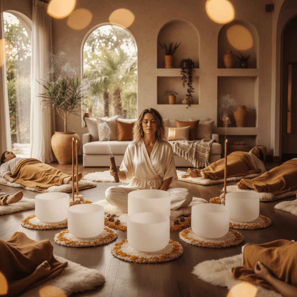 Ein Teammeditationsraum mit Klangschalen, die von Larissa Steinbach bei Soul Art Dubai für die Förderung von Teamkreativität und Innovation genutzt werden.