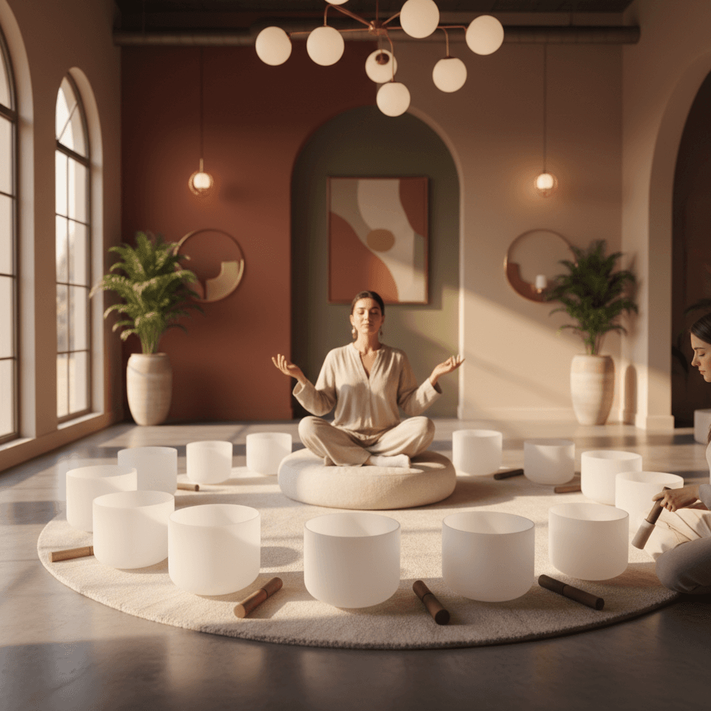 A person's hand reaching towards a glowing crystal singing bowl in a serene setting, representing emotional recovery through sound wellness at Soul Art, led by Larissa Steinbach in Dubai.