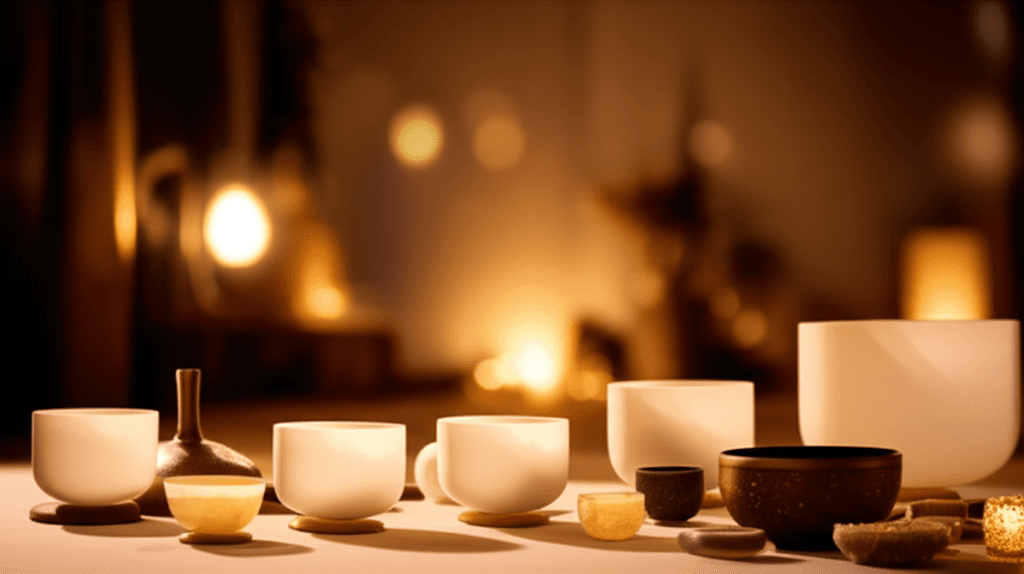 Larissa Steinbach von Soul Art Dubai in einer entspannenden Klang-Wellness-Sitzung, umgeben von Klangschalen und tibetischen Gongs, demonstriert die universellen Prinzipien der kulturenübergreifenden Klangheilung für tiefes Wohlbefinden und Harmonie.