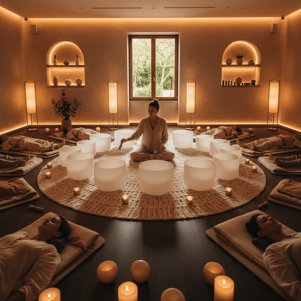 Athlete meditating with sound bowls, representing Soul Art and Larissa Steinbach's approach to holistic wellness for functional fitness.