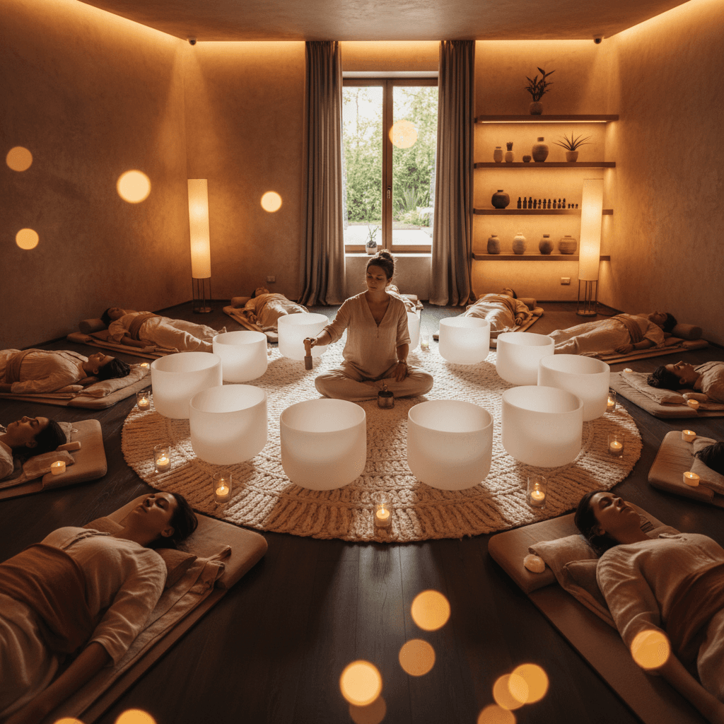 Eine Person entspannt in einer Kryokammer, während im Hintergrund sanfte Klangwellen visualisiert werden, die von Soul Art Dubai und Larissa Steinbach zur Erholung genutzt werden.