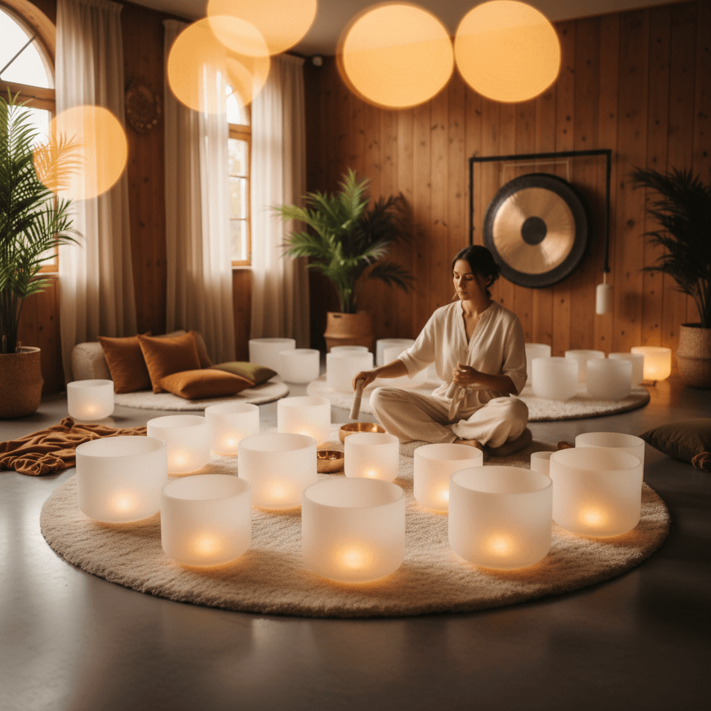 A diverse group of individuals meditating in a tranquil, modern wellness space, embodying the inclusive spirit of Soul Art Dubai and Larissa Steinbach's vision.