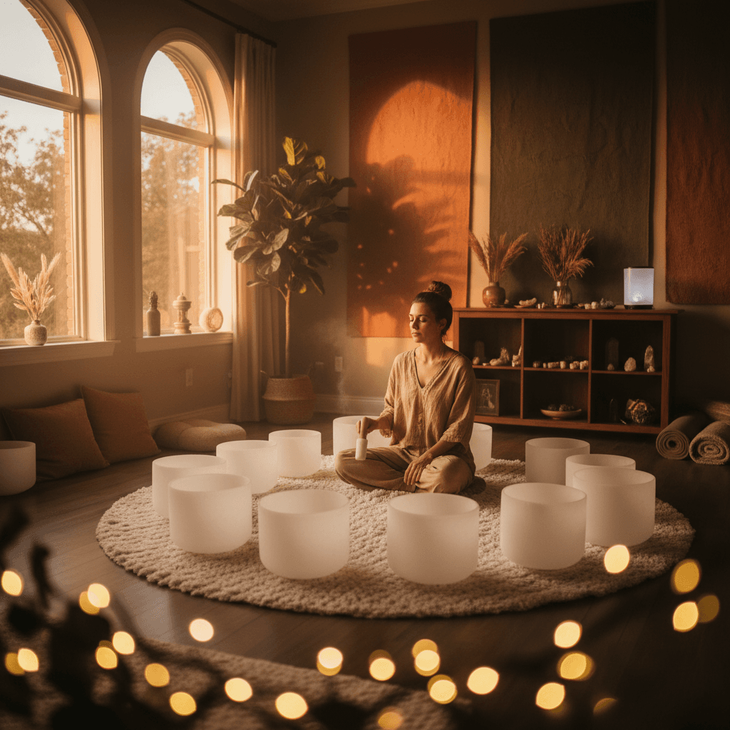 Larissa Steinbach von Soul Art Dubai in einer Meditationshaltung, umgeben von Klangschalen und kulturellen Elementen, symbolisiert globale Klang-Wellness.