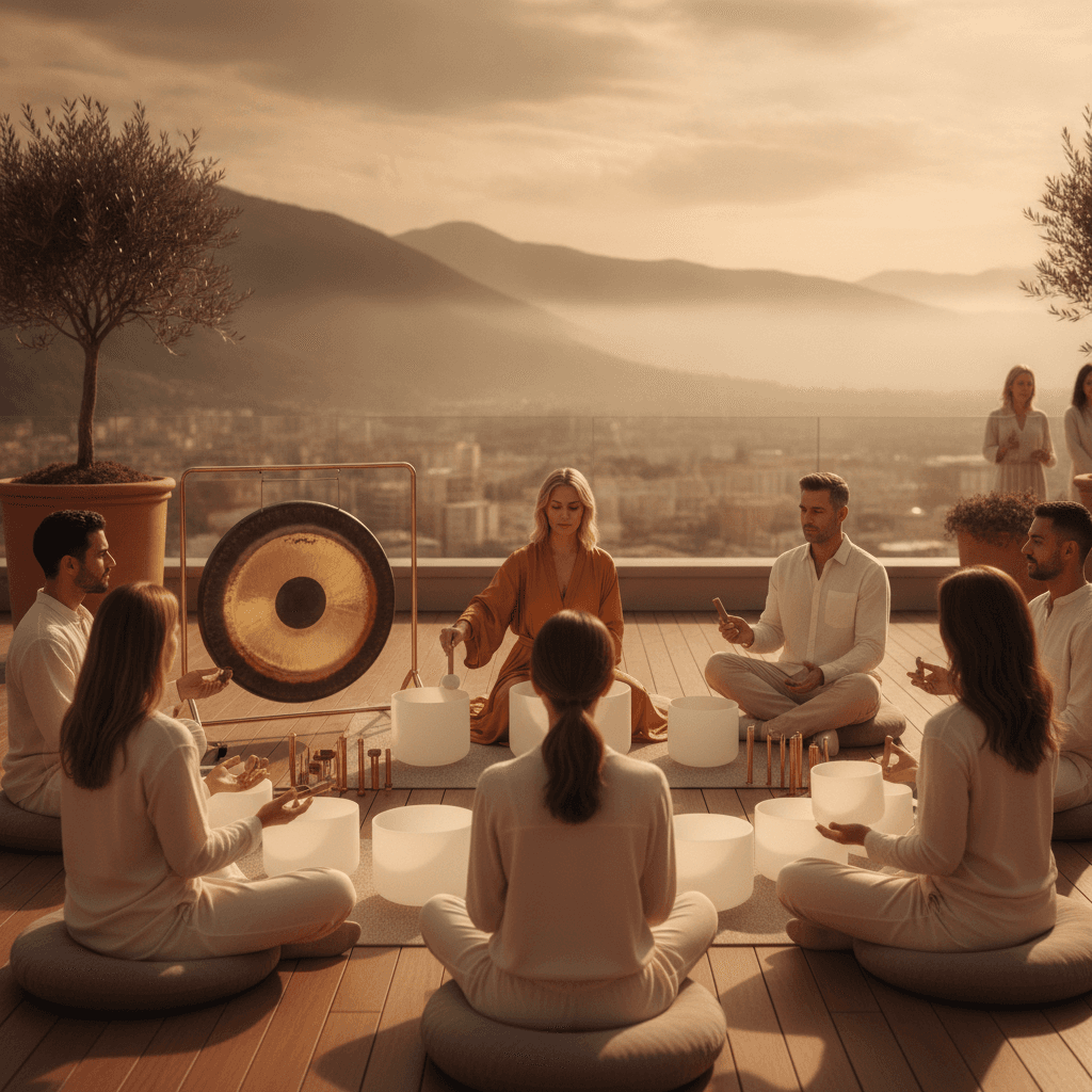 Eine vielfältige Gruppe von Mitarbeitern in einem ruhigen Raum, die achtsame Übungen praktiziert, was die Wirkung von Soul Art und Larissa Steinbach auf kultursensible Corporate Wellness-Programme symbolisiert.
