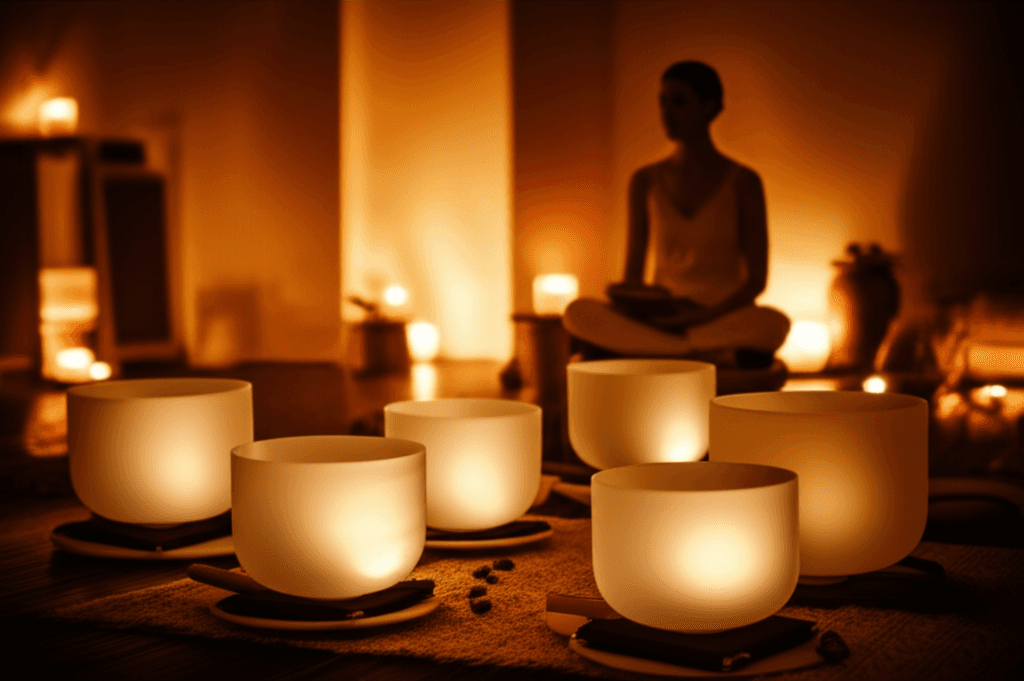 Larissa Steinbach of Soul Art leading a serene sound wellness session for older adults, featuring crystal singing bowls and gongs, promoting cognitive health and deep relaxation in a tranquil setting.