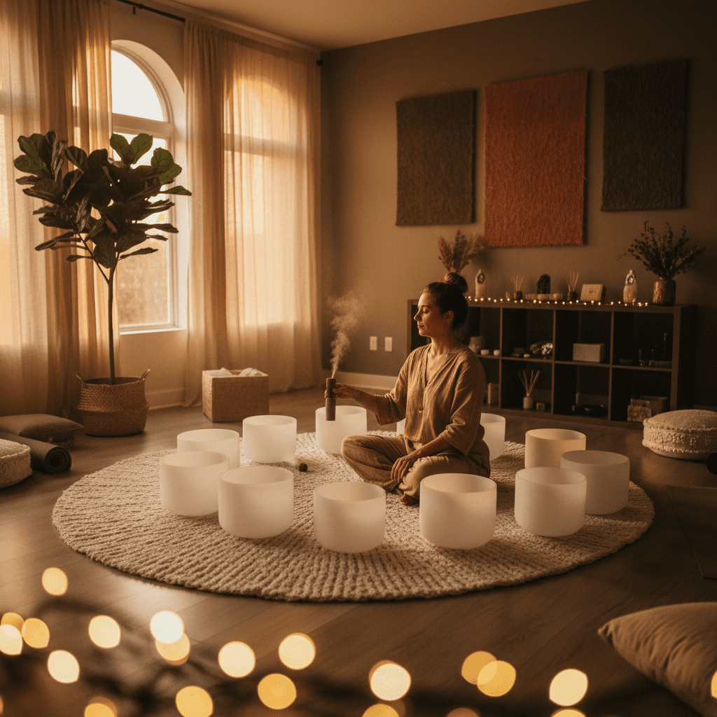 Soul Art Dubai studio founder Larissa Steinbach integrating sound wellness with David Sinclair's longevity protocol for enhanced wellbeing, featuring serene, calm imagery.