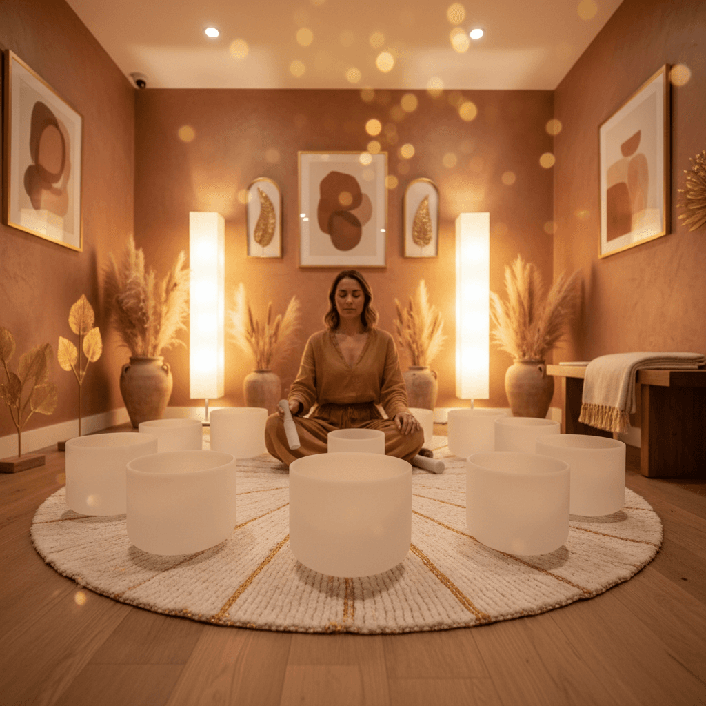 Larissa Steinbach from Soul Art Dubai using sound bowls to guide a client through a creative urgency meditation, enhancing focus and flow.