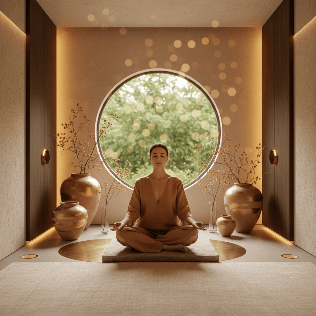 Larissa Steinbach leading a tranquil Soul Art sound wellness session in Dubai, featuring crystal singing bowls and gongs, designed to enhance deep work and cognitive focus.