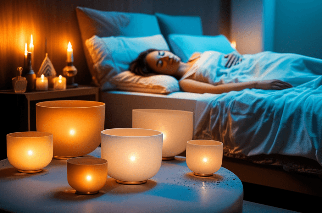 A peaceful person sleeping deeply, surrounded by gentle, ethereal light, symbolizing delta wave frequencies for restorative sleep.
