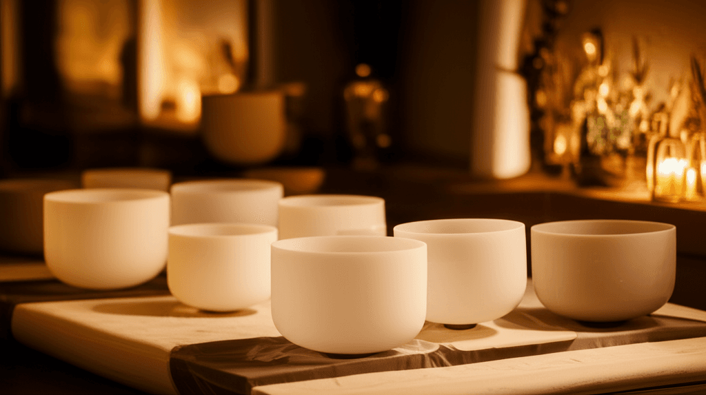 A woman experiencing deep relaxation during a sound healing session with Tibetan singing bowls at Soul Art Dubai, led by Larissa Steinbach, symbolizing hope for mental well-being.