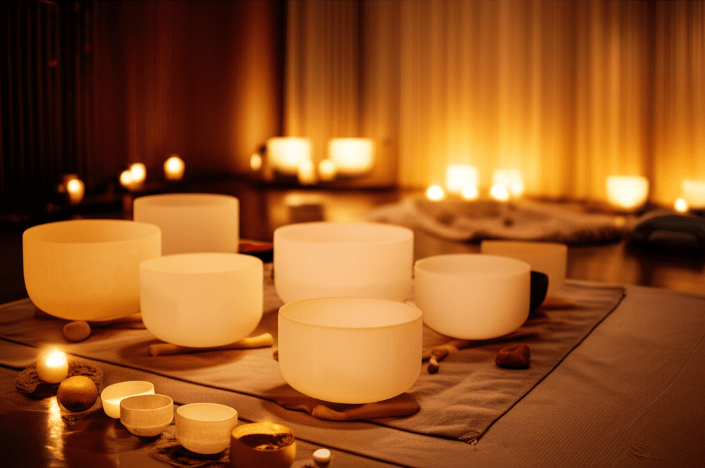 Larissa Steinbach guiding a client through a calming sound bath session at Soul Art Dubai, promoting mood support and emotional wellness in sobriety.