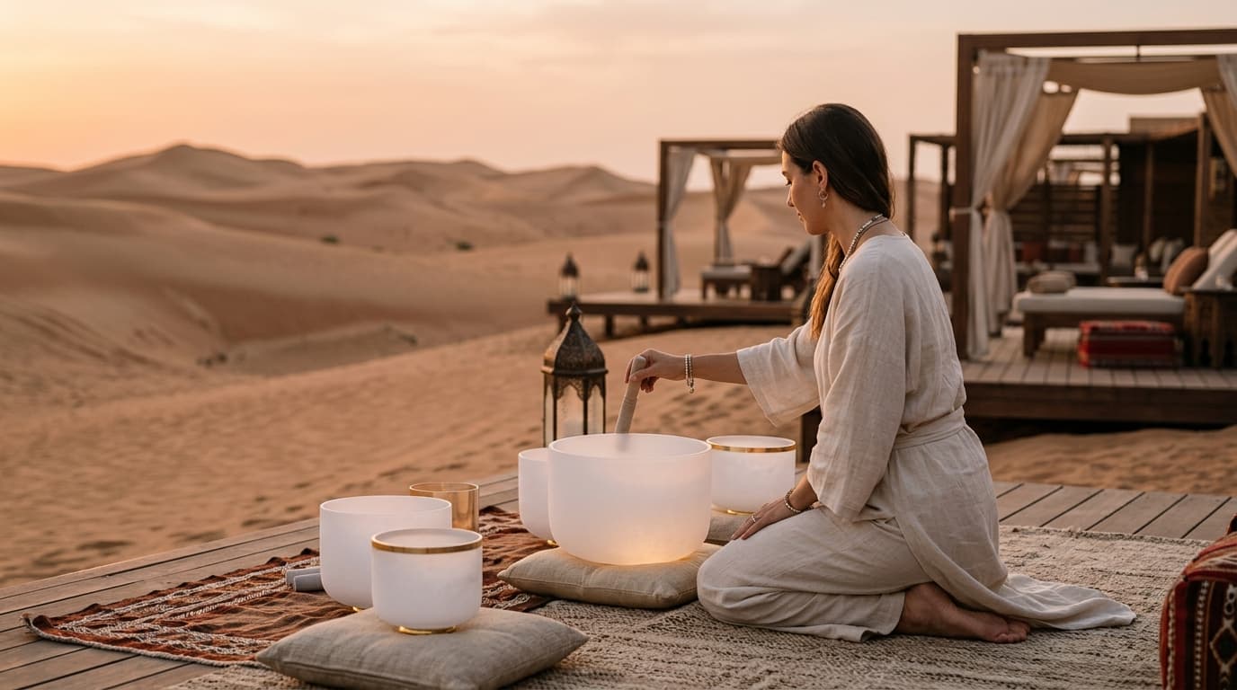 Larissa Steinbach from Soul Art Dubai leading a sound wellness session in a serene desert setting, promoting nervous system regulation and deep relaxation with gongs and singing bowls. Soul Art branded image.