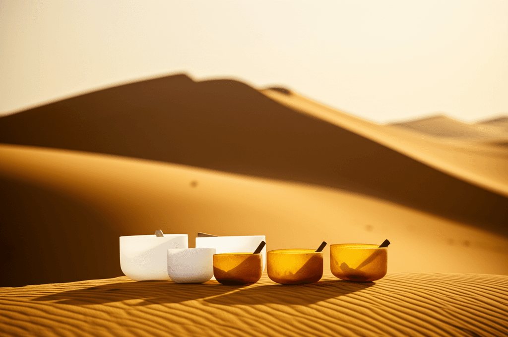 A tranquil desert landscape at sunset, with a person experiencing a sound journey. Soul Art Dubai and Larissa Steinbach blend ancient wisdom with modern sound wellness.