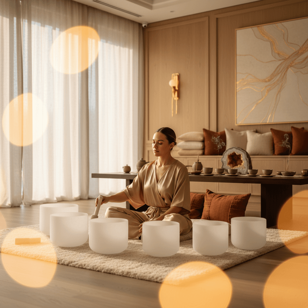 A serene image of crystal sound bowls used in a wellness session at Soul Art Dubai by Larissa Steinbach, aiding designers with creative problem-solving.