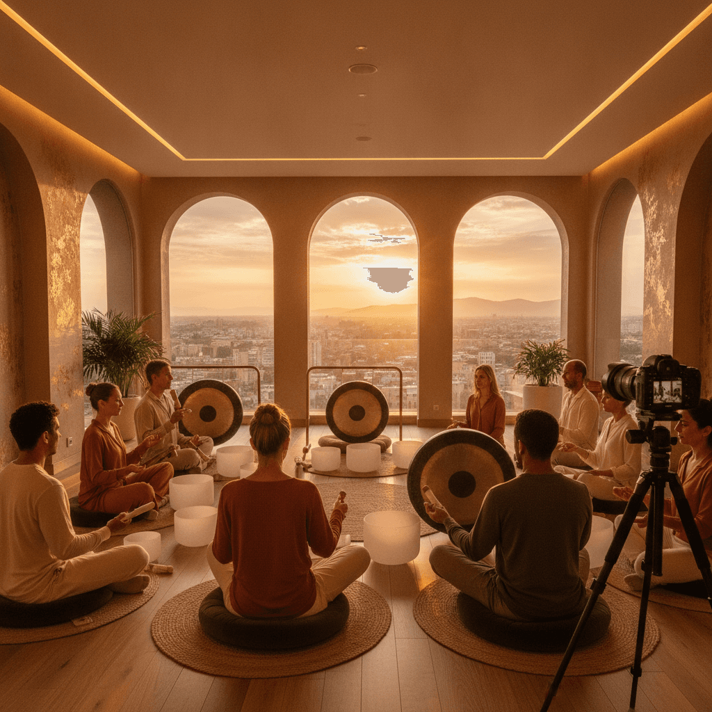 Larissa Steinbach of Soul Art Dubai facilitating a corporate sound bath with crystal singing bowls in a modern meeting room, promoting relaxation and focus for corporate teams.