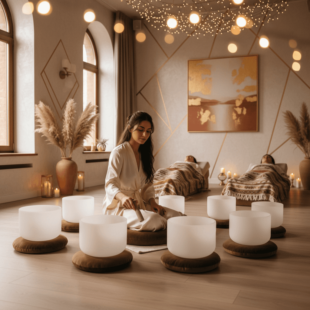 A tranquil scene of a sound healing session with crystal bowls and gongs, evoking serenity. Soul Art Dubai logo subtly visible, highlighting Larissa Steinbach's studio's offerings.