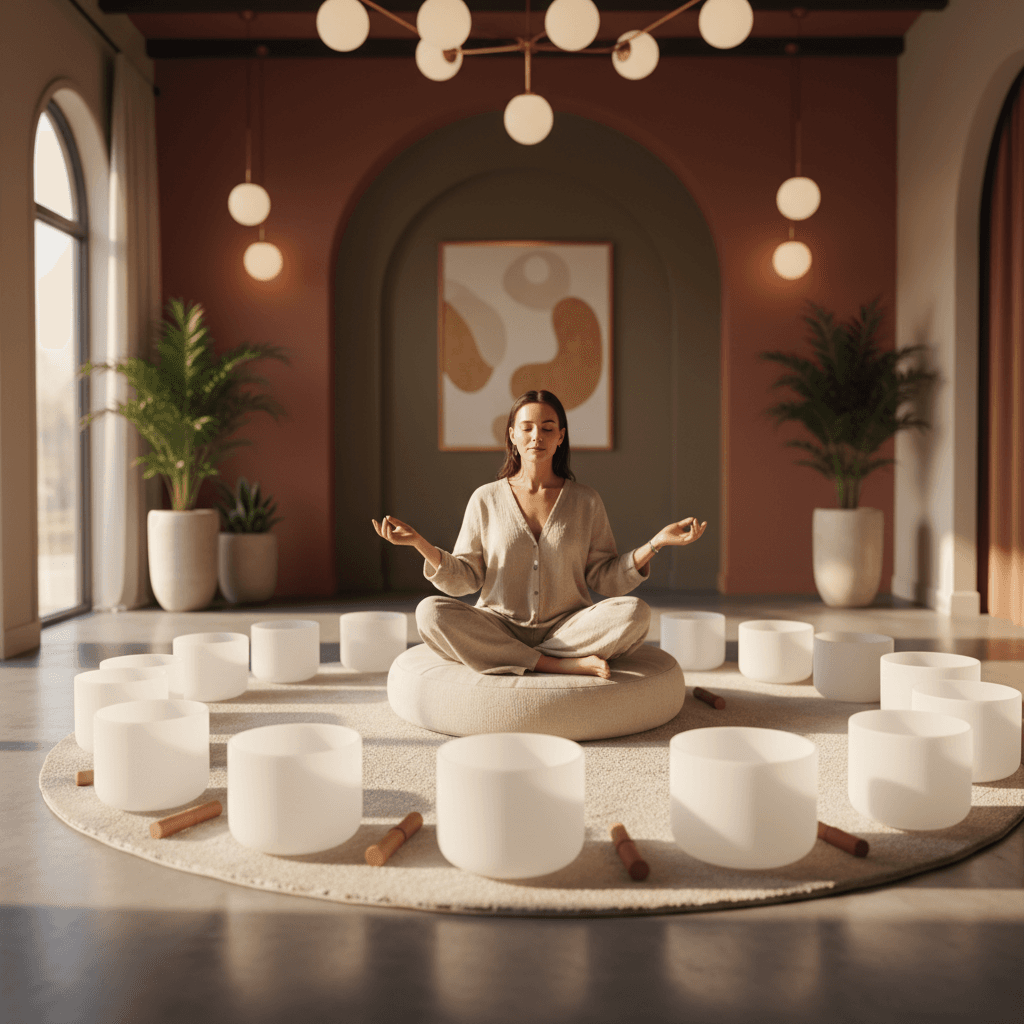 A tranquil scene featuring crystal singing bowls and soft lighting, representing sound wellness at Soul Art Dubai, founded by Larissa Steinbach.