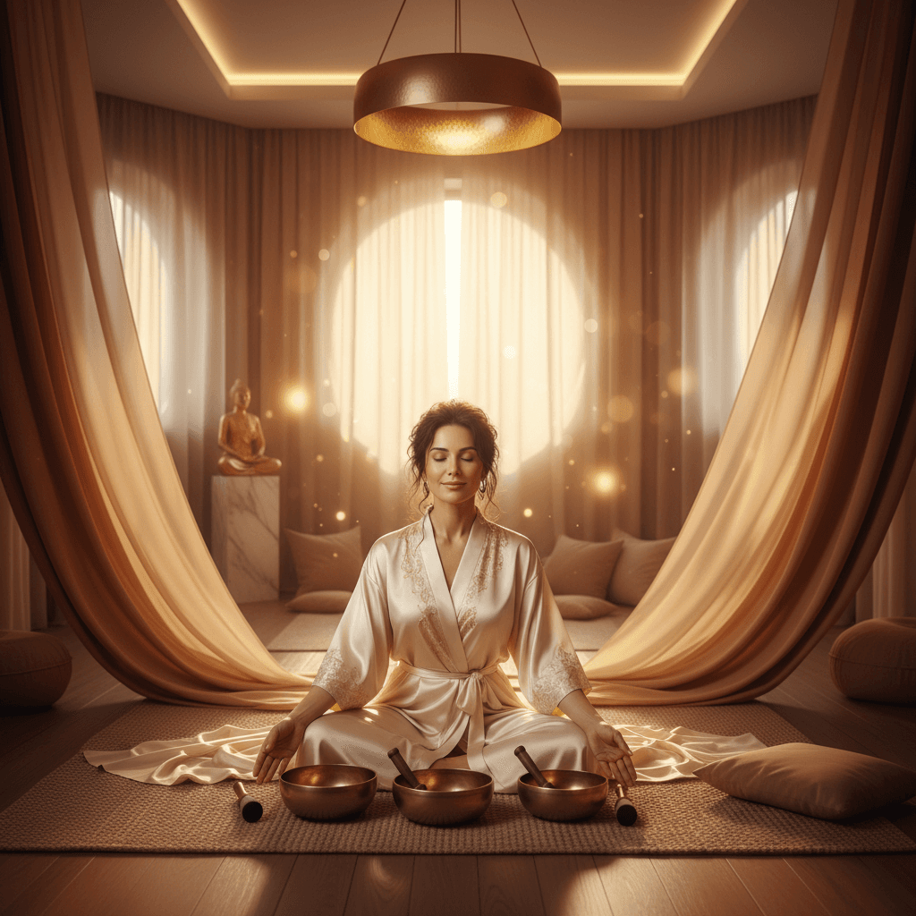 Eine Klangschale und sanfte Lichteffekte in einem ruhigen Raum bei Soul Art Dubai, symbolisieren Entspannung und Wohlbefinden. Gründerin Larissa Steinbach widmet sich der ganzheitlichen Klang-Wellness zur Unterstützung der Blutzuckerbalance.